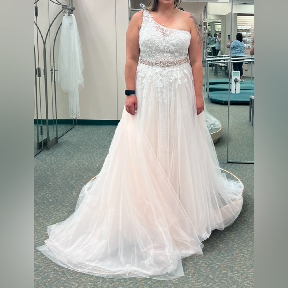 David’s Bridal- One-shoulder beaded wedding dress with overskirt
